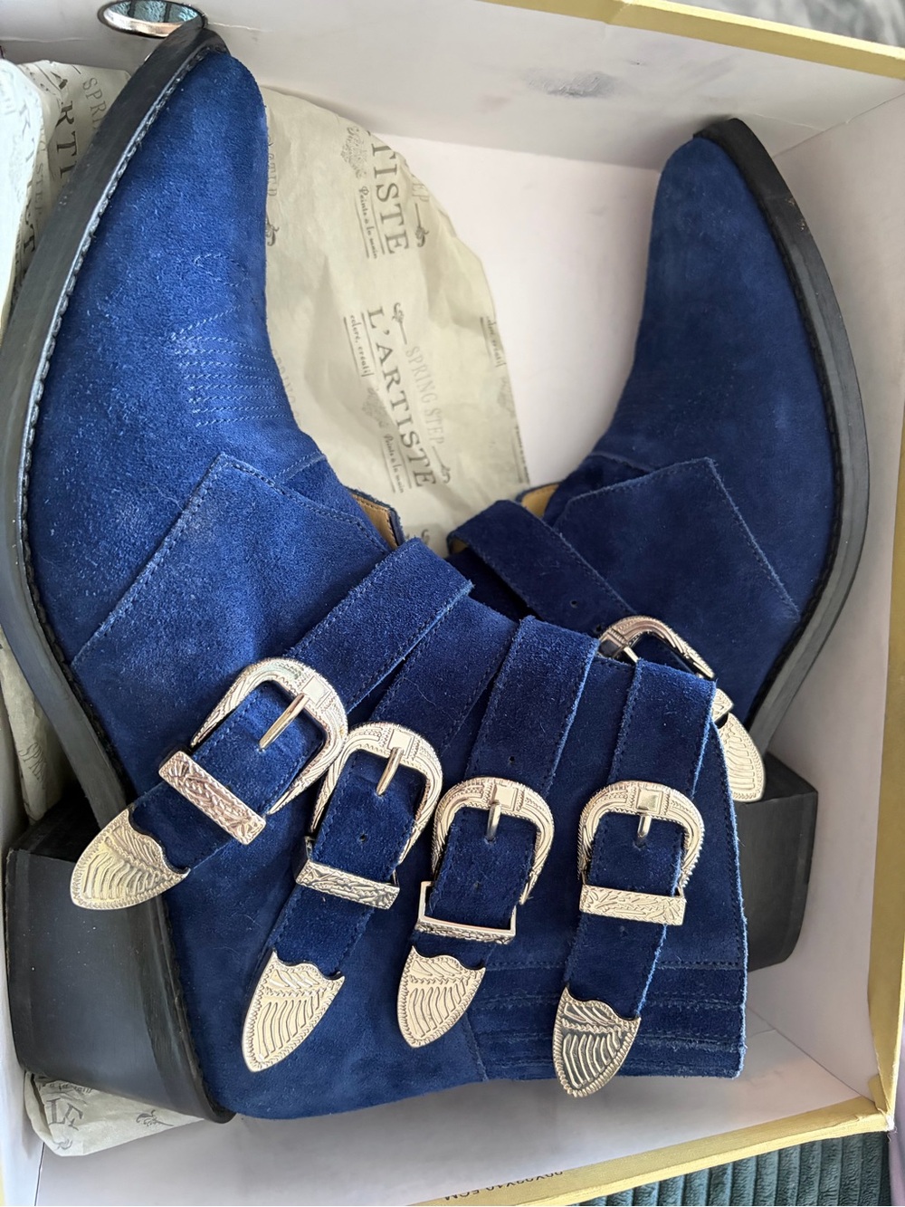 TOGA Pulla Navy Suede Western Buckle Ankle Boot - Picture 3 of 7